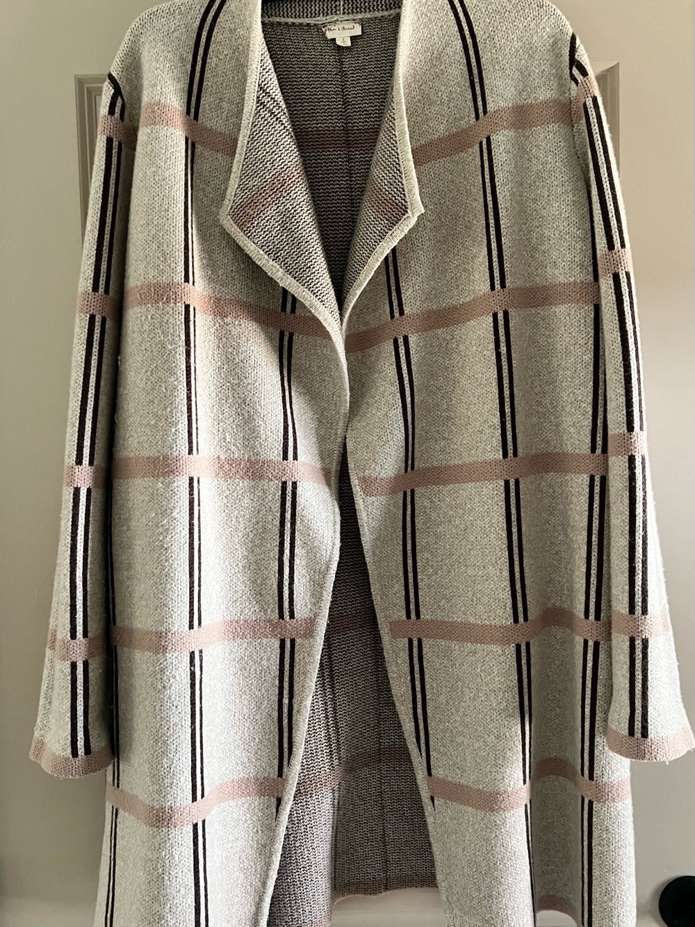 Light Gray & Blush Open-Front Knit Cardigan Sweater